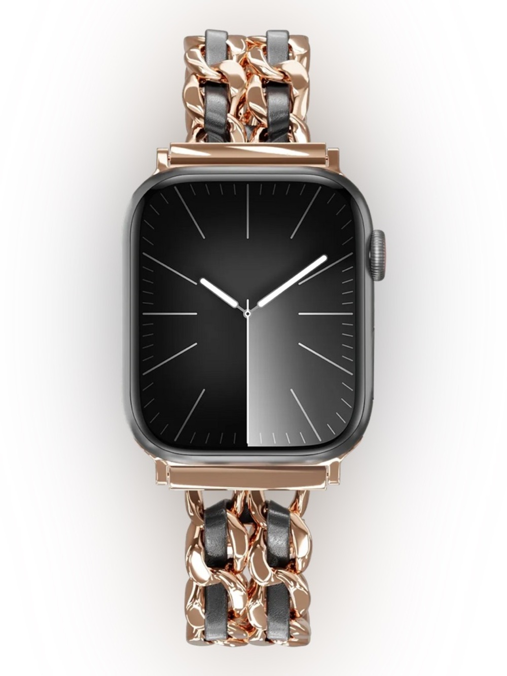 Apple Watch Bracelet Black Leather & Rose Gold Metal Chain Strap | cases 44-49mm